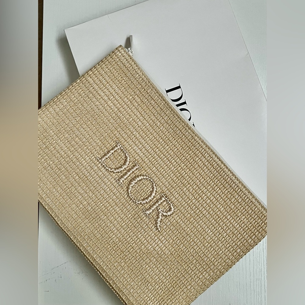 Dior Natural Beige Woven Pouch with Embroidered Logo